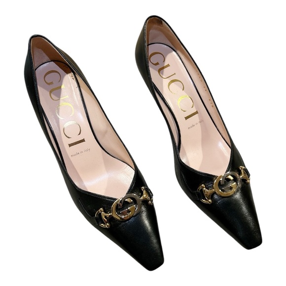 GUCCI GG Malaga Kid Zumi Logo Leather Pump Heel EU 39 US 9 Interlocking - Picture 3 of 12